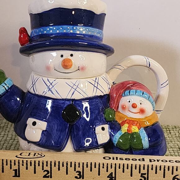 Snowman & Child Christmas Teapot Hand Painted Blue Winter Holiday Ceramic Décor - Picture 5 of 6